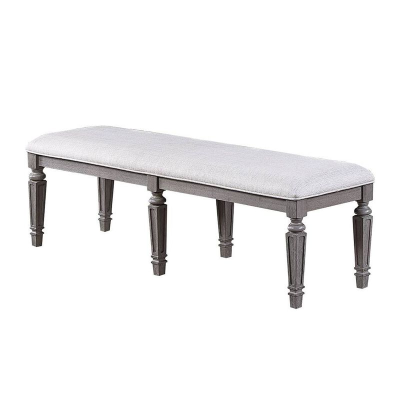 Winie Dining Bench with Turned Legs, 64 Inch Gray Wood and Fabric - Benzara