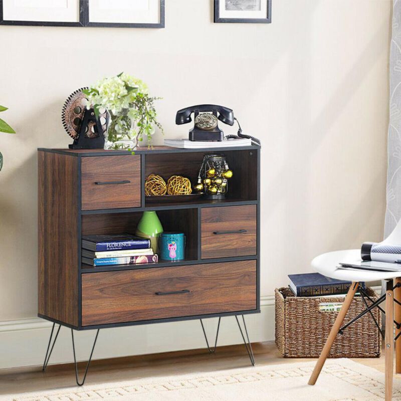 Hivvago 3-Tier Wood Storage Cabinet with Drawers and 4 Metal Legs