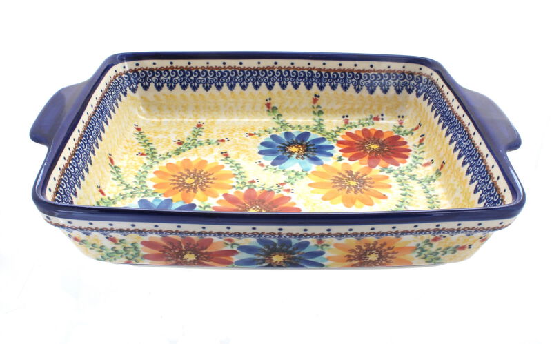 Blue Rose Polish Pottery Aztec Flower Baker with Handles