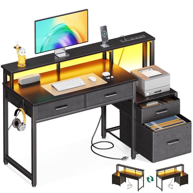 AODK 48-Inch Computer Desk with Fabric File Cabinet and Fabric Drawers, Reversible Office Desk with LED Strip and Power Strip, G