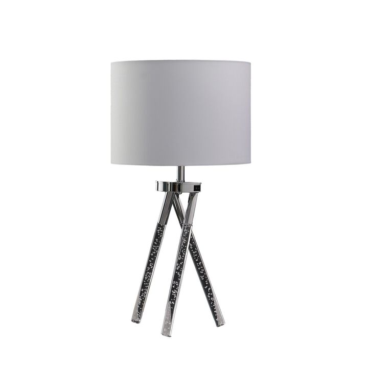 27 Inch Accent Table Lamp, Hardback Fabric Drum Shade, White, Silver Chrome-Benzara