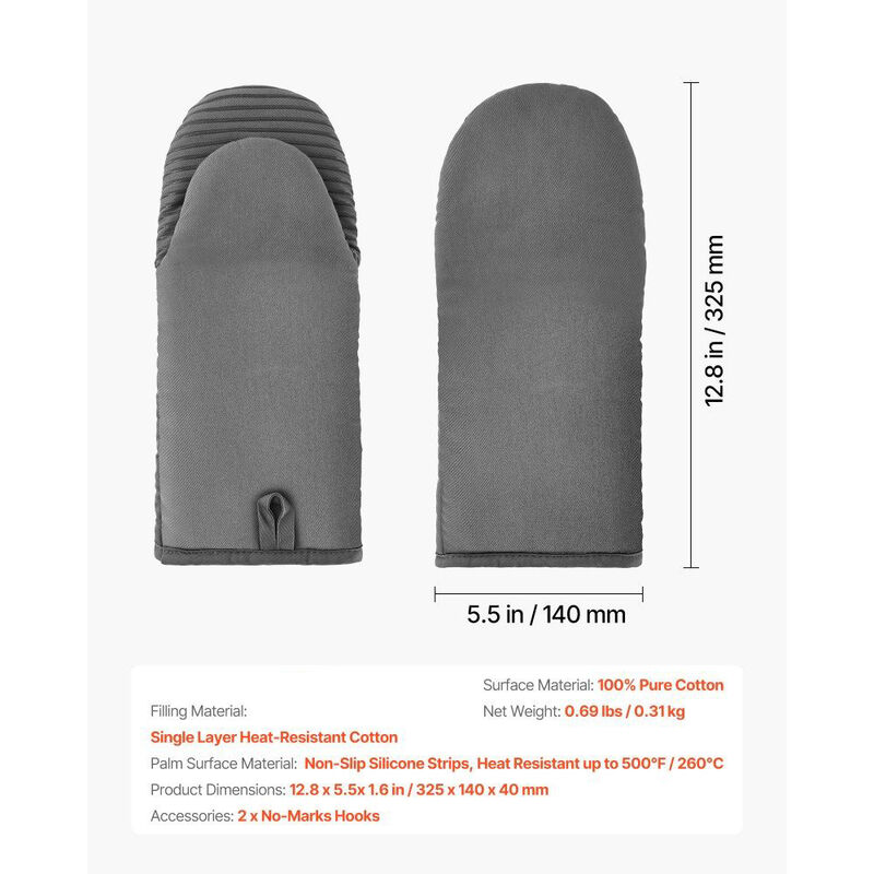Lightweight Cotton Oven Mitts with Silicone Strips, Heat Resistant Baking Gloves, Set of 2 with Hooks-Grey image number 2