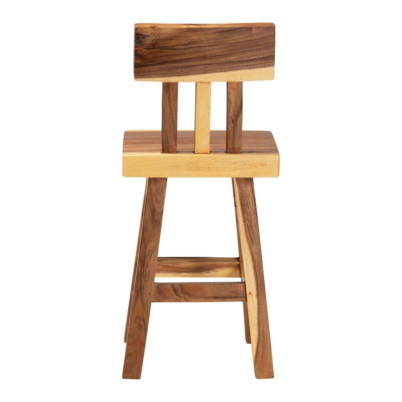 bali & pari Luli Suar Wood Counter Stool - Handcrafted Solid Wood Stool with Backrest, Rustic Modern Seating for Kitchen Island or Dining Area