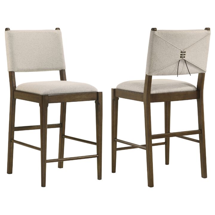 Clera Upholstered Counter Side Chair, Tie Accent, Set of 2, Brown Wood