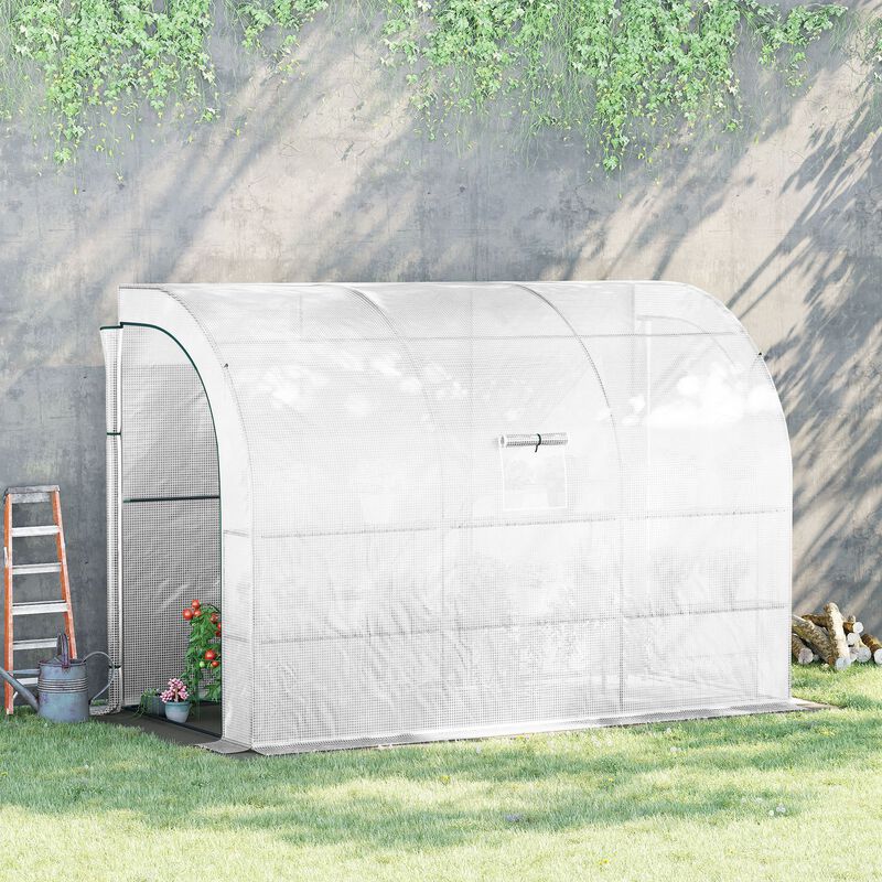 Outsunny 10' x 5' x 7' Lean to Greenhouse, Walk-In Green House, Plant Nursery with 2 Roll-up Doors and Windows, PE Cover and 3 Wire Shelves, White