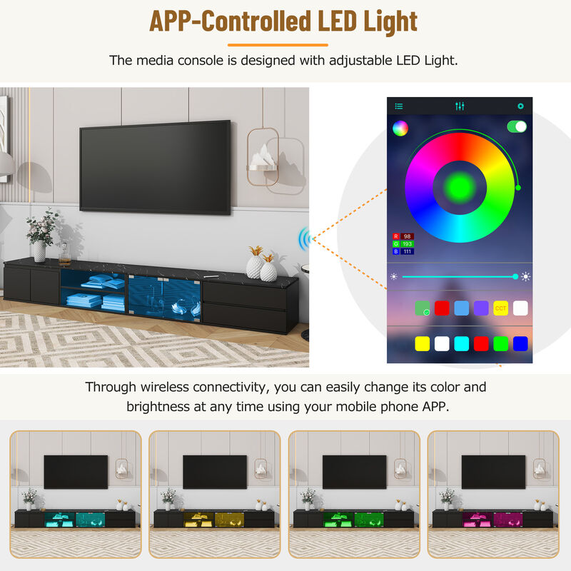 Clihome Modern APP Controlled LED TV Stand for TVs Up to 105'', Faux Marble Tabletop Media Console with Tempered Glass Doors, Entertainment Center with 2 Drawers & Cabinets for Living Room image number 3