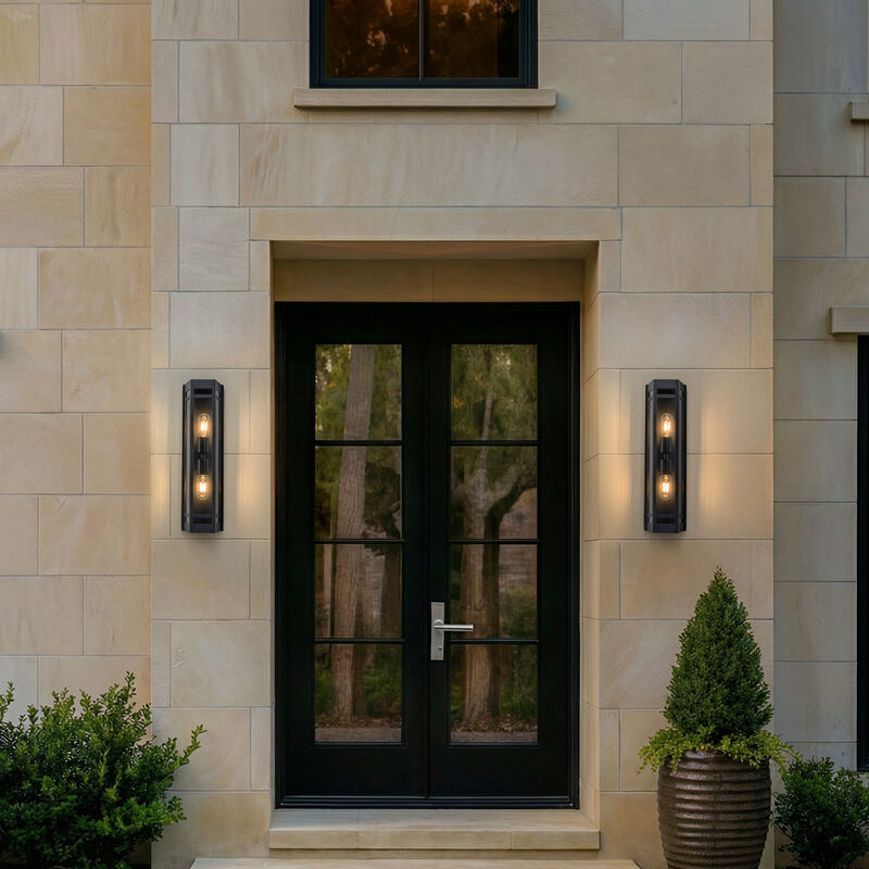 2-Light H20" Modern Black Outdoor Wall Light with Dusk-to-Dawn Sensor and Clear Tempered Glass Weather-Resistant Front Door Garage Exterior Lighting Fixture image number 3