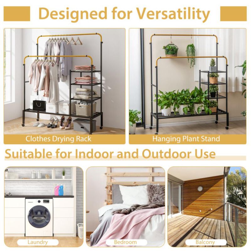 Hivvago Rolling Double Rods Garment Rack with Height Adjustable Hanging Bars