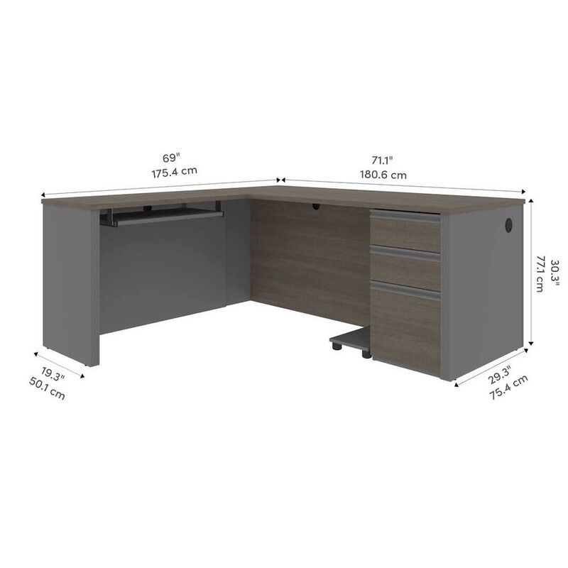 Bestar Prestige + L-shaped workstation including one pedestal in Bark Gray & Slate