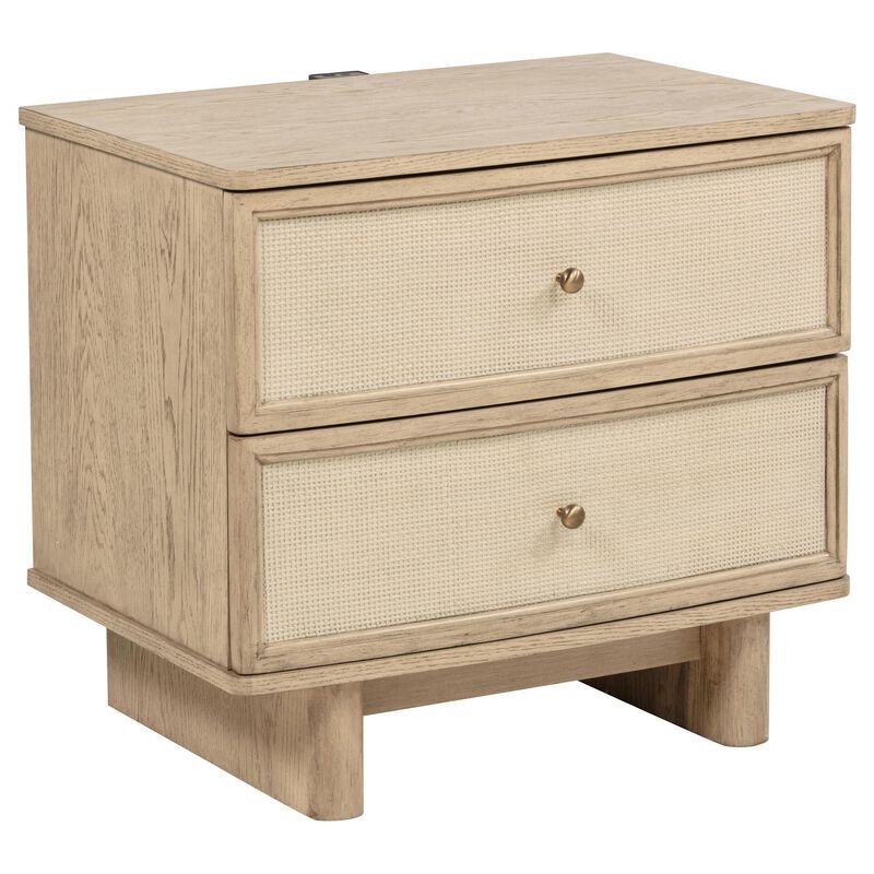 Lno Nightstand, 2 Cane Accent Drawers w Brass Knobs, USB, Oak Beige - Benzara