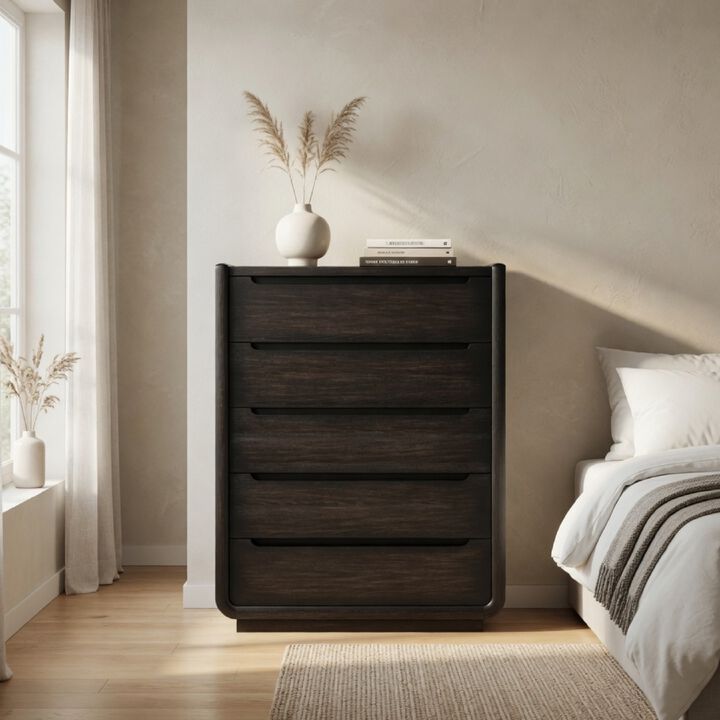 Lina Tall Dresser Chest with 5 Drawers, Integrated Handles, Black Wood