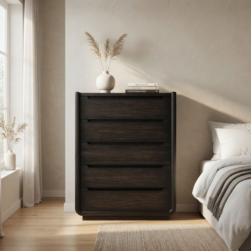 Lina Tall Dresser Chest with 5 Drawers, Integrated Handles, Black Wood image number 1