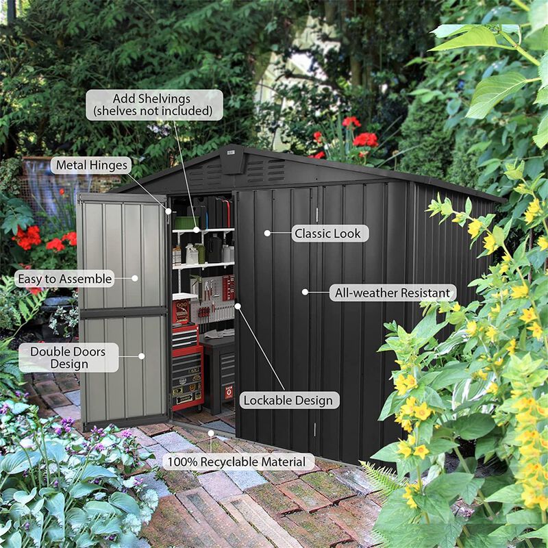 CLIHOME 8.2x6.2Ft Outdoor Metal Storage Shed,Patio Galvanized Steel Outdoor Storage Cabinet with Lock image number 2