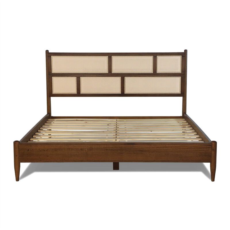 Hivvago Queen Size Hardwood Platform Bed Frame with Cane Paneling Headboard in Walnut