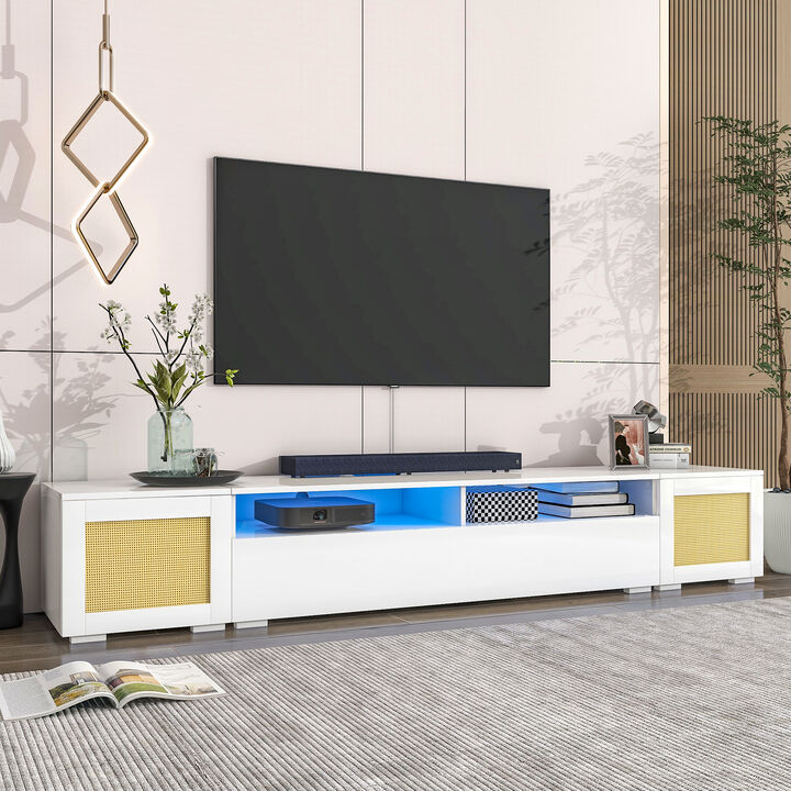 Rattan Style Entertainment Center with Push to Open Doors, 3-pics Extended TV Console Table for TVs Up to 90”, Modern TV Stand with Color Changing LED Lights for Home Theatre, White