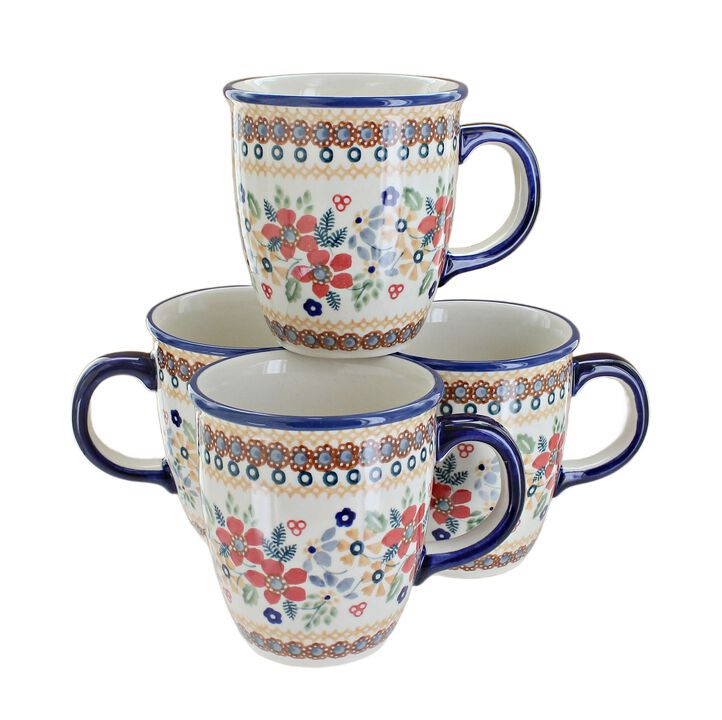 Blue Rose Polish Pottery Green Daisy 4 Piece Mug Set