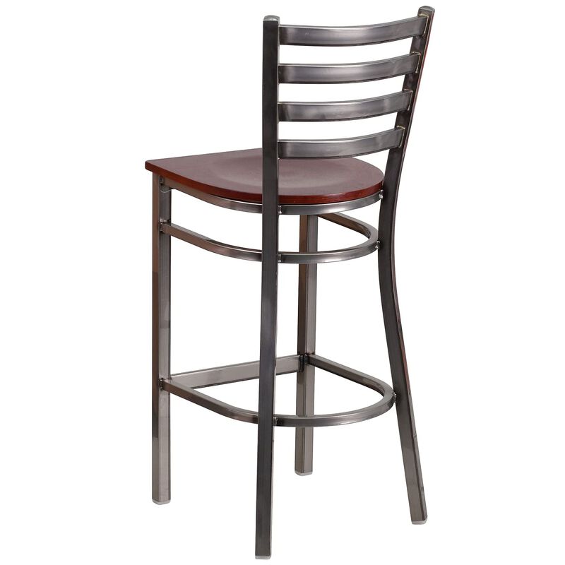 Flash Furniture HERCULES Series Clear Coated Ladder Back Metal Restaurant Barstool - Mahogany Wood Seat