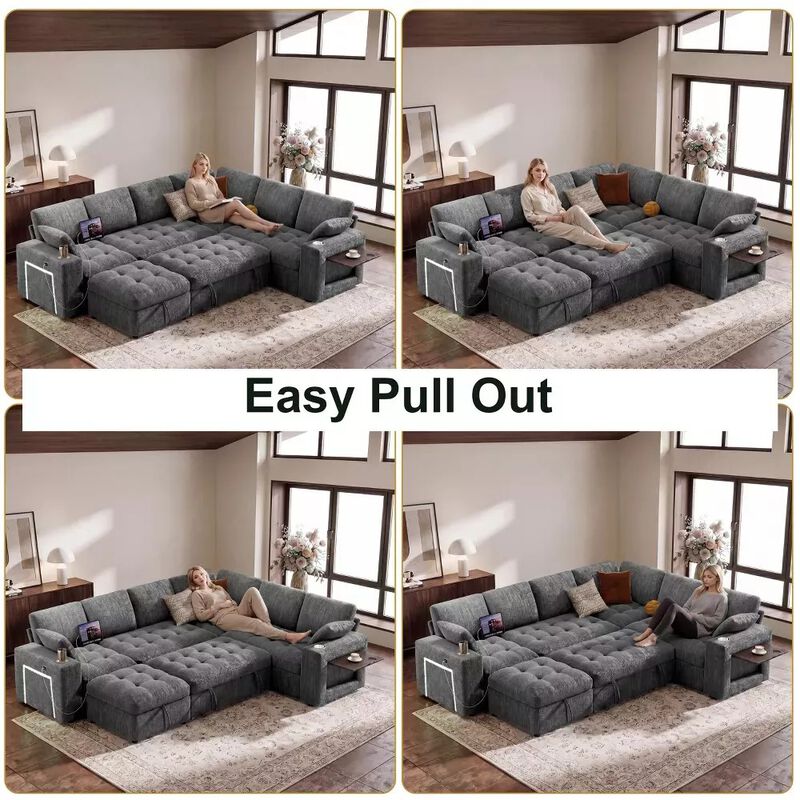 Vipbear 110" Modular Sectional Sleeper Sofa, Pull Out Bed, 7-Seat Chenille L-Shaped Couch, Storage image number 5