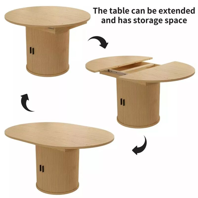 63" Extendable Round Kitchen Dining Room Table with 2-Tier Storage Shelf, with Pedestal Base