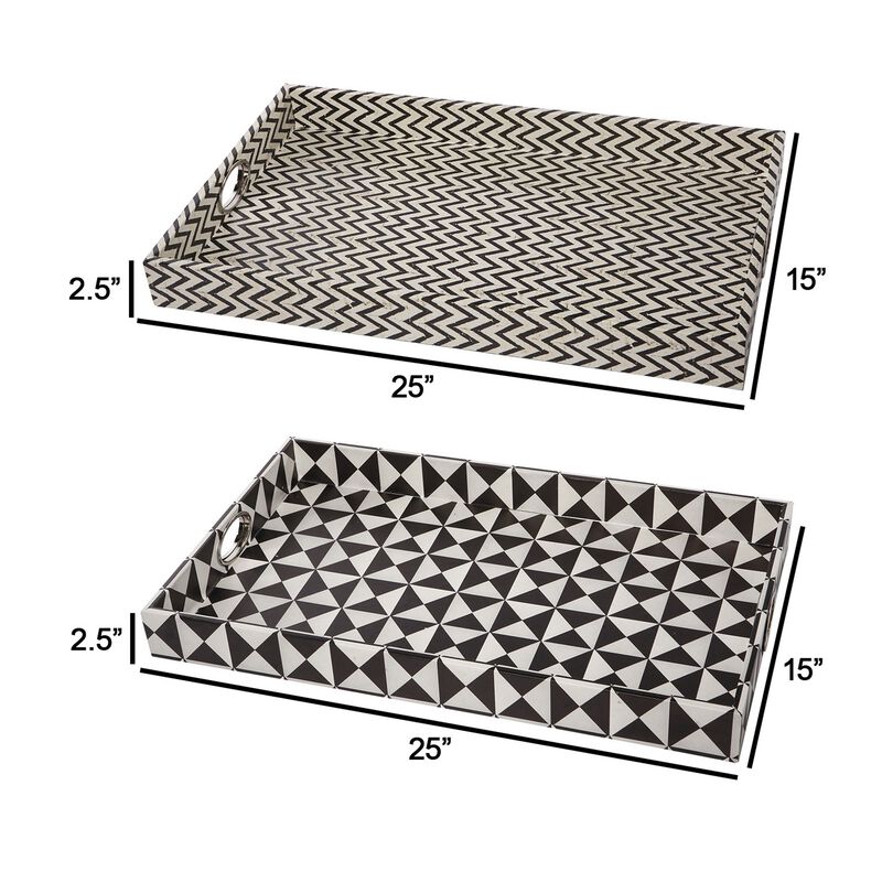25 Inch Decorative, Black White Wood Trays, Art Deco Geometric, Set of 2 - Benzara