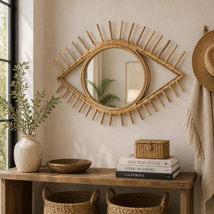 Greta Eye-Shaped Wall-Mounted Mirror, Sunburst Frame, Natural Fiber