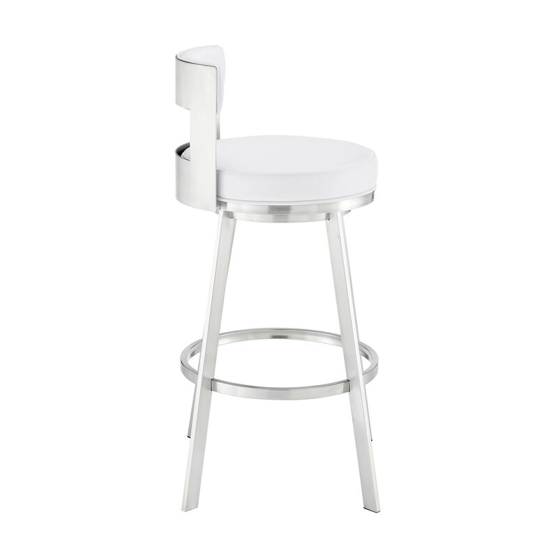 Ami 30 Inch Swivel Barstool Chair, White Faux Leather, Stainless Steel - Benzara