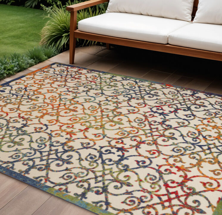 HomeRoots 8' X 11' Ivory Blue Orange And Green Trellis Indoor Outdoor Area Rug