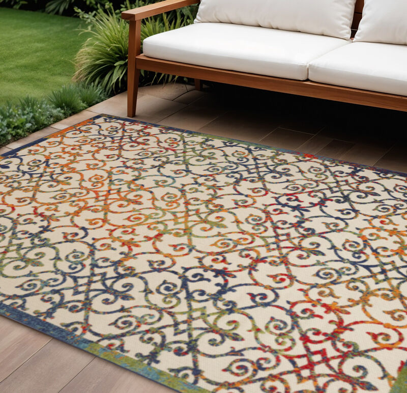 HomeRoots 8' X 11' Ivory Blue Orange And Green Trellis Indoor Outdoor Area Rug image number 1