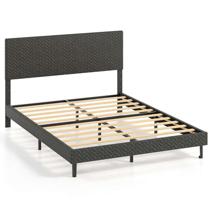 Velvet Platform Bed Frame with Upholstered Chevron Headboard for Bedroom