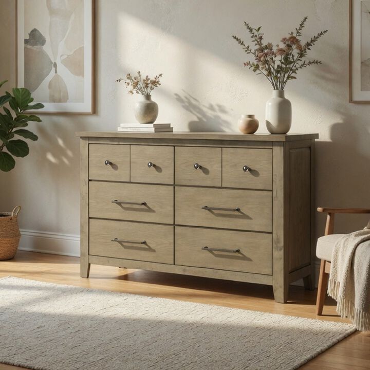 Hazel Wide Dresser, 6 Drawers, Antique Nickel Metal, Oak Brown Wood