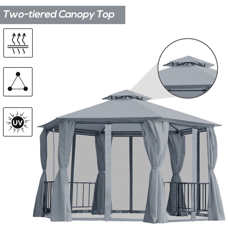 13' x 13' Party Tent, 2 Tier Hexagon Patio Canopy, Curtains, Double Vented Roof Gazebo, UV and Water Protection, Large Floor Space, Grey