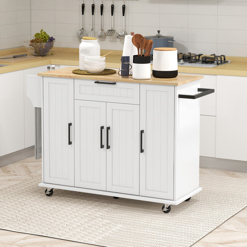 HOMCOM Kitchen Island on Wheels, Kitchen Cart with Solid Wood Top, White
