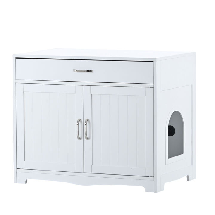 Litter Box Enclosure, Cat Litter Box Furniture with Hidden Plug, 2 Doors, Indoor Cat Washroom Storage Bench Side Table Cat House, Large Wooden Enclosed Litter Box House, White