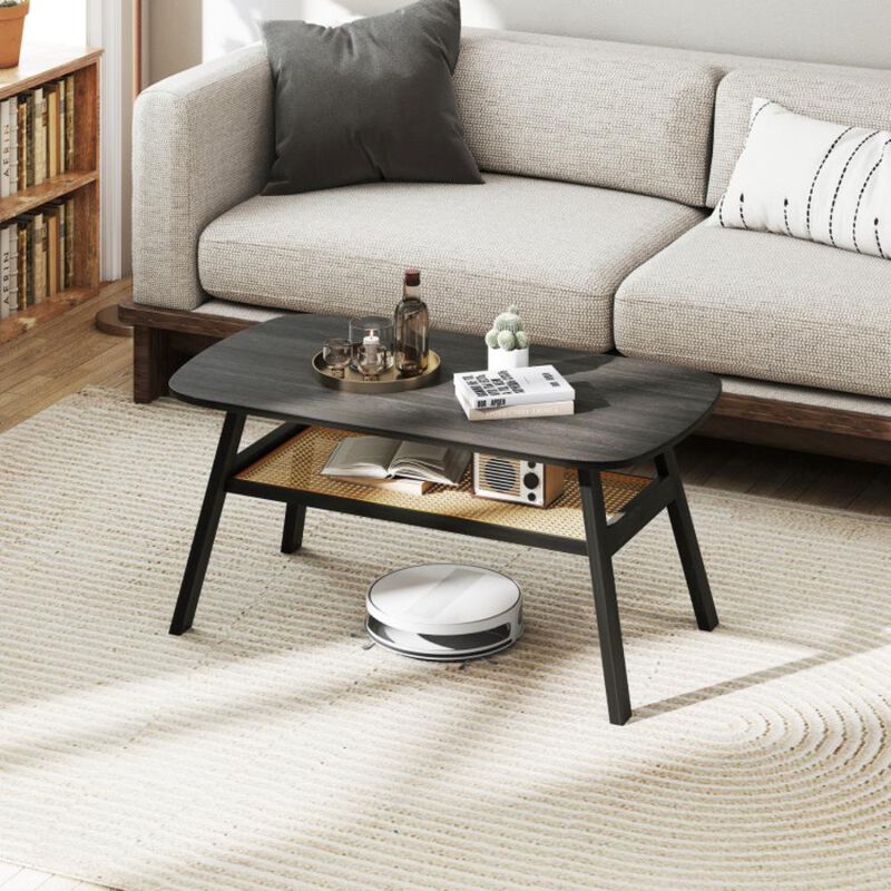 Hivvago 2-Tier Rectangular Center Coffee Table with Rattan Storage Shelf and Rubber Wood Legs