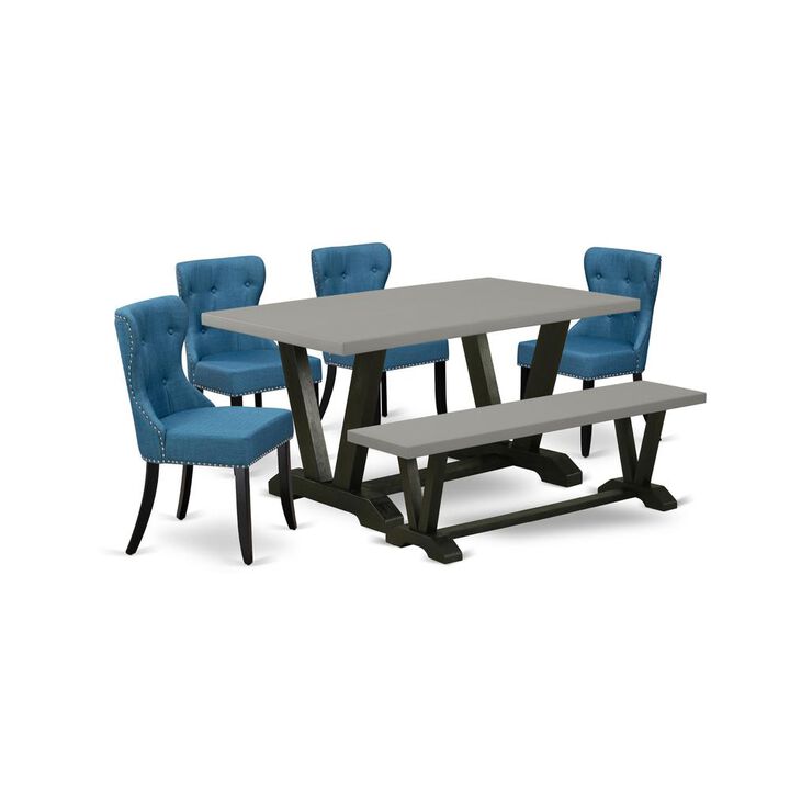 East West Furniture V696SI121-6 6-Pc Kitchen and Dining Room Set- 4 Kitchen Parson Chairs with Blue Linen Fabric Seat and Button Tufted Chair Back - Rectangular Top & Wooden Legs Wood Dining Table and