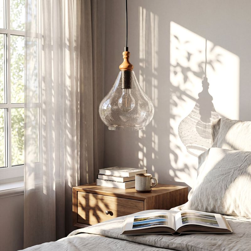 Farmhouse Seeded Glass Teardrop Pendant Lights, Wood Accent, Set of Three image number 5