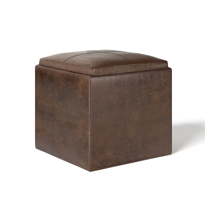 Rockwood 17 inch Wide Contemporary Square Cube Storage Ottoman with Tray in Distressed Brown Vegan Faux Leather, Assembled