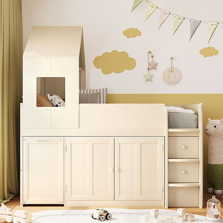 Merax Twin Size House-Style Loft Bed with Rolling Desk & Full Storage System