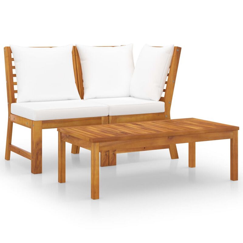 Roma 3pc Modular Outdoor Sofa and Table Set, Solid Acacia Wood, White - Benzara