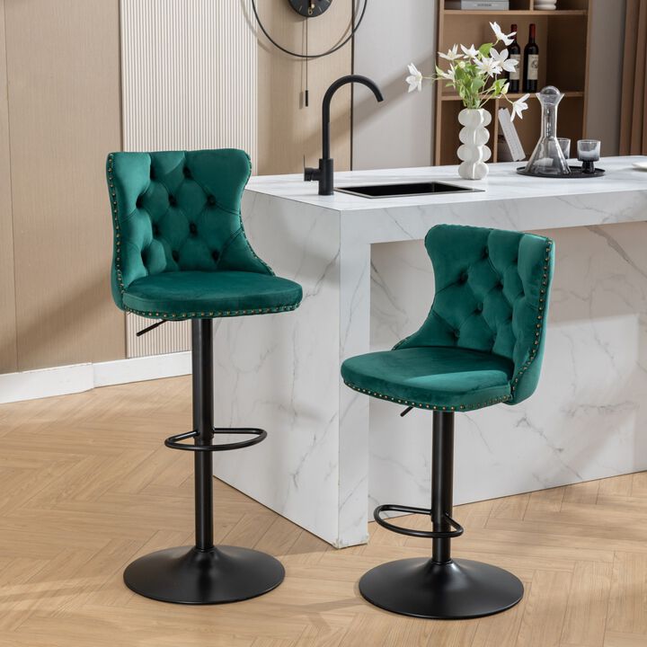 Streamdale Adjustable Velvet Barstools, Set of 2, Green