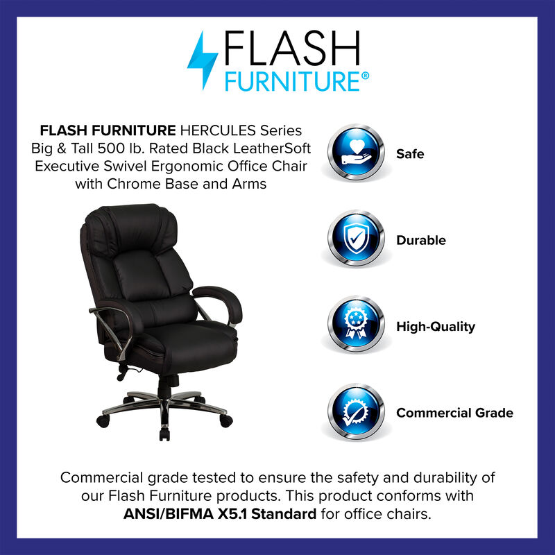 HERCULES Series Big & Tall 500 lb. Rated Black LeatherSoft Executive Swivel Ergonomic Office Chair with Chrome Base and Arms image number 3