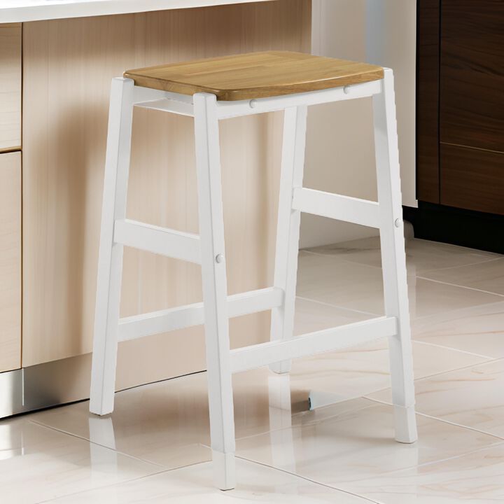 Hoa 24 Inch Counter Height Stool Set of 2, Footrest, White Brown Solid Wood