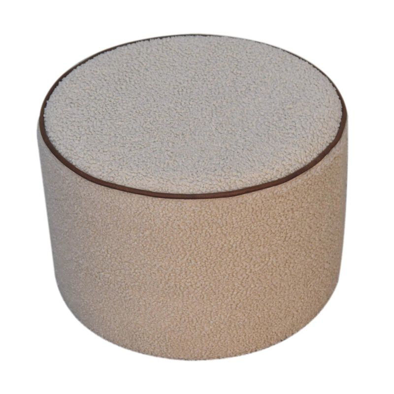 Solid Wood Boucle Round Footstool with Bufallo Leather Piping