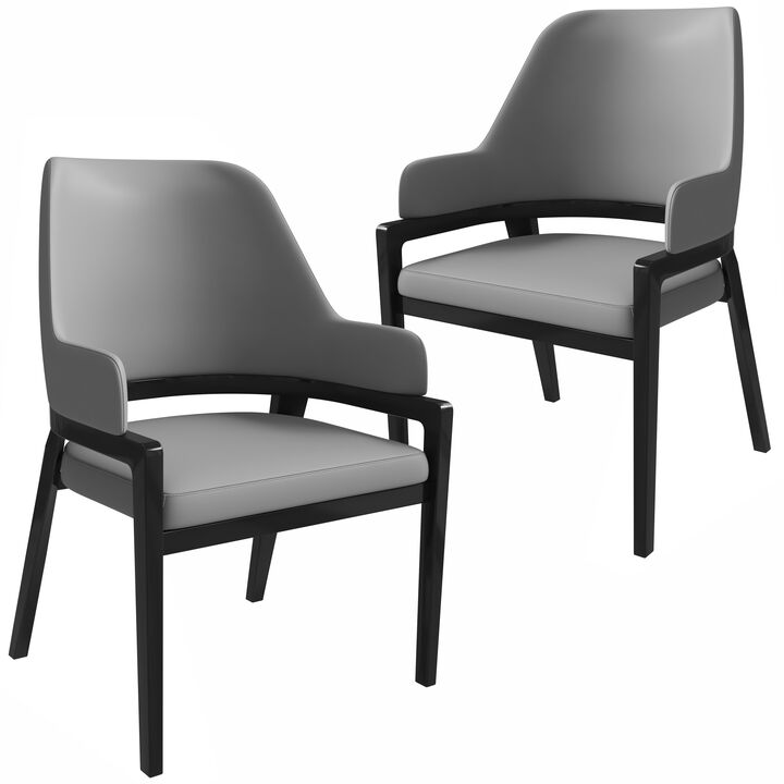 LeisureMod Modern Dining Chair, Upholstered Leather with Curved Open Back & Rubberwood Legs, Contemporary Accent Side Armchair for Kitchen, Dining & Living Room, Ethora Collection, Set of 2
