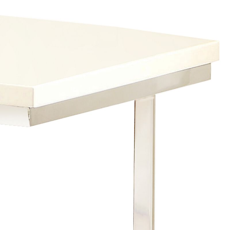 Contemporary End Table with C Shaped Metal Frame, Silver and White-Benzara