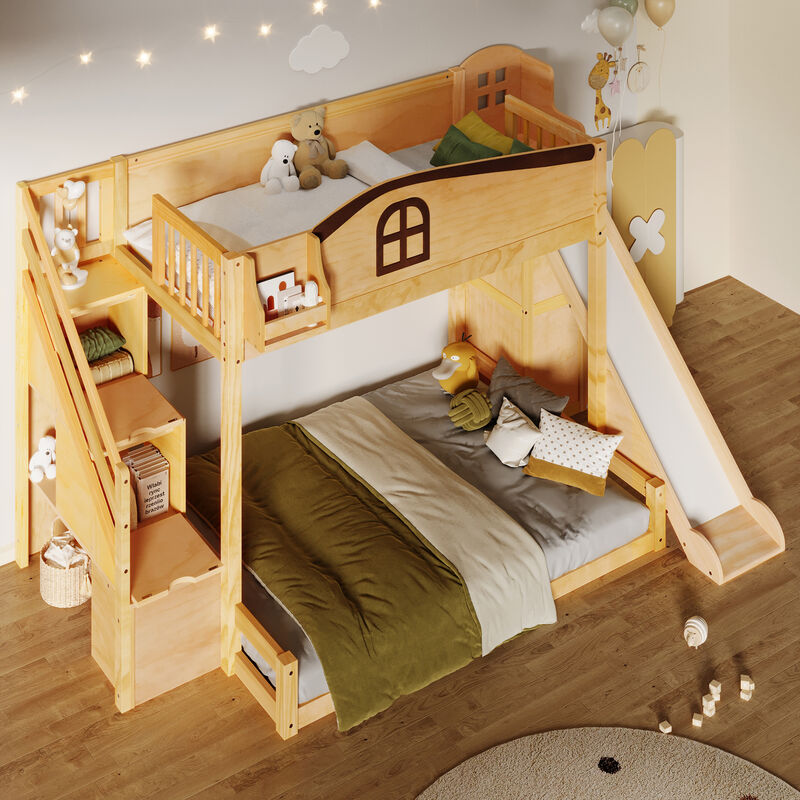 Merax Twin over Full Bunk Bed with Storage Staircase, Shelf, Slide & Wardrobe image number 2