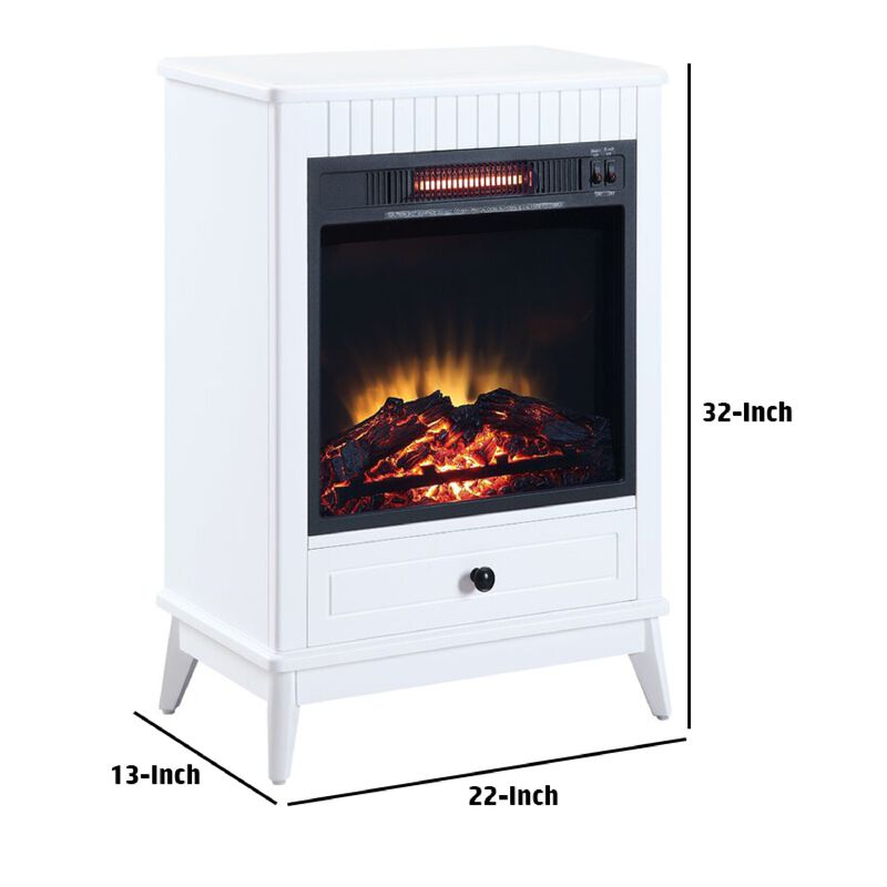 Etu 32 Inch Wood End Table with LED Electric Fireplace, 1 Drawer, White-Benzara