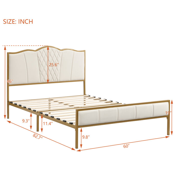 Queen Size Bed Frame, Modern Upholstered Bed Frame with Tufted Headboard, Golden Metal Platform Bed Frame with Wood Slat Support, Noise Free, No Box Spring Needed, Beige