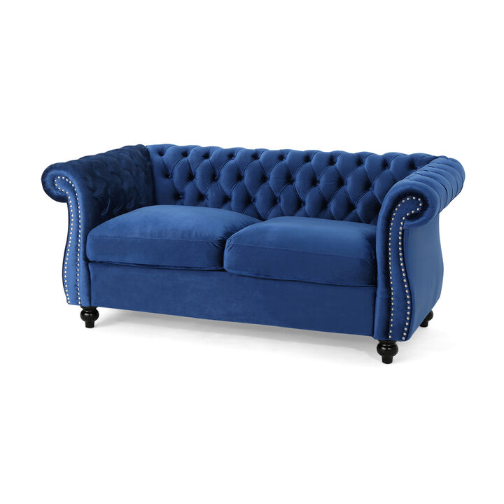 Bernie Loveseat 62 Inch Sofa, Nailhead Trim, Solid Wood, Blue Tufted Fabric
