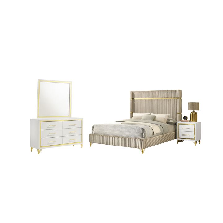 Jenny 4pc Queen Bedroom Set, Textured Beige Wood and Gold Metal Accent